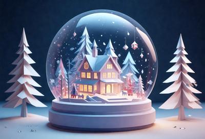 Primary subject: A house with a snow globe on top of it.
Setting/background: A snowy scene with a house and trees.
Visual style: Digital art.
Colors and mood: The scene is predominantly white, with snow covering the house and trees, creating a cold and serene atmosphere.